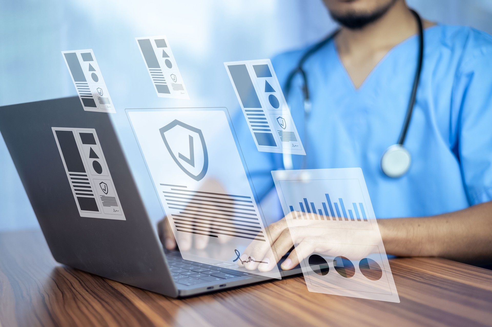 Doctor using computer Document Management System (DMS), online documentation database process automation to efficiently manage files